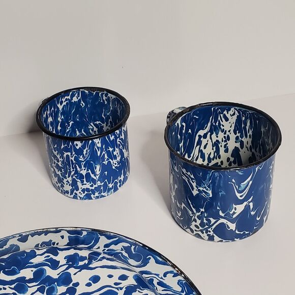Vintage Blue White Speckled Enamel 3 pcs Enamelware Camping RV 1 Plate, 2 Mugs - Picture 4 of 7